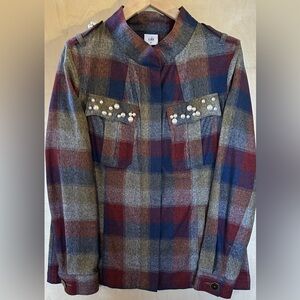 Cabi Women’s Sz M Shirt Jacket Collage Plaid Pearl Embroidered Pockets